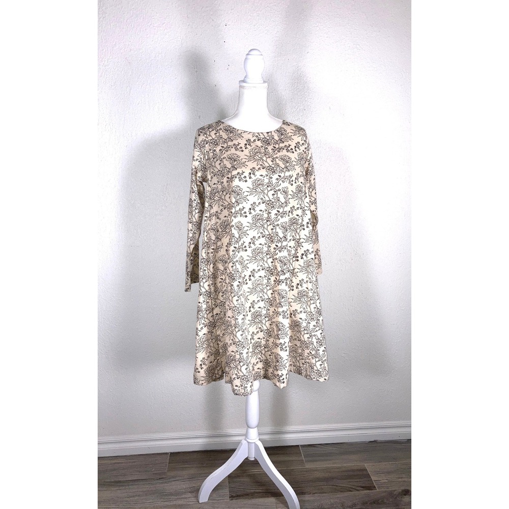 Sapphire Beige Floral Toile Cotton Long Sleeve Tassel Back Shift Dress Medium